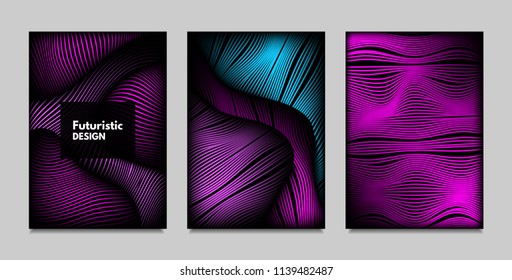 Fluid Metallic Shapes Abstraction. Covers with Trendy Vibrant Gradient and Movement Effect. Abstract Wavy Geometry. Vector Templates with Distortion of Lines. Fluid Shapes for Business Presentation.