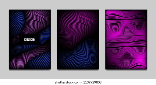 Fluid Metallic Shapes Abstraction. Covers with Trendy Vibrant Gradient and Movement Effect. Abstract Wavy Geometry. Vector Templates with Distortion of Lines. Fluid Shapes for Business Presentation.
