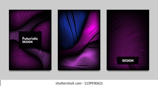 Fluid Metallic Shapes Abstraction. Covers with Trendy Vibrant Gradient and Movement Effect. Abstract Wavy Geometry. Vector Templates with Distortion of Lines. Fluid Shapes for Business Presentation.