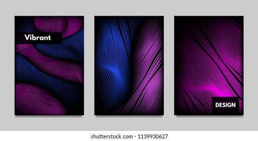 Fluid Metallic Shapes Abstraction. Covers with Trendy Vibrant Gradient and Movement Effect. Abstract Wavy Geometry. Vector Templates with Distortion of Lines. Fluid Shapes for Business Presentation.
