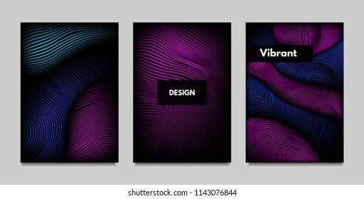 Fluid Metallic Shapes Abstraction. Covers with Trendy Vibrant Gradient and Movement Effect. Abstract Wavy Geometry. Vector Templates with Distortion of Lines. Fluid Shapes for Business Presentation.