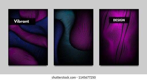 Fluid Metallic Shapes Abstraction. Covers with Trendy Vibrant Gradient and Movement Effect. Abstract Wavy Geometry. Vector Templates with Distortion of Lines. Fluid Shapes for Business Presentation.