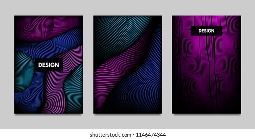 Fluid Metallic Shapes Abstraction. Covers with Trendy Vibrant Gradient and Movement Effect. Abstract Wavy Geometry. Vector Templates with Distortion of Lines. Fluid Shapes for Business Presentation.
