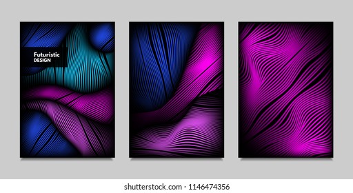 Fluid Metallic Shapes Abstraction. Covers with Trendy Vibrant Gradient and Movement Effect. Abstract Wavy Geometry. Vector Templates with Distortion of Lines. Fluid Shapes for Business Presentation.