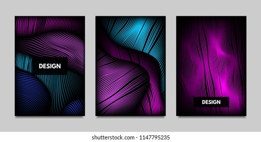 Fluid Metallic Shapes Abstraction. Covers with Trendy Vibrant Gradient and Movement Effect. Abstract Wavy Geometry. Vector Templates with Distortion of Lines. Fluid Shapes for Business Presentation.