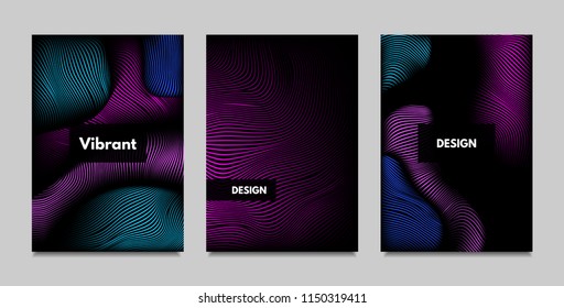 Fluid Metallic Shapes Abstraction. Covers with Trendy Vibrant Gradient and Movement Effect. Abstract Wavy Geometry. Vector Templates with Distortion of Lines. Fluid Shapes for Business Presentation.