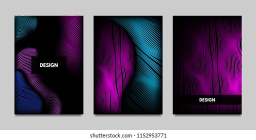 Fluid Metallic Shapes Abstraction. Covers with Trendy Vibrant Gradient and Movement Effect. Abstract Wavy Geometry. Vector Templates with Distortion of Lines. Fluid Shapes for Business Presentation.