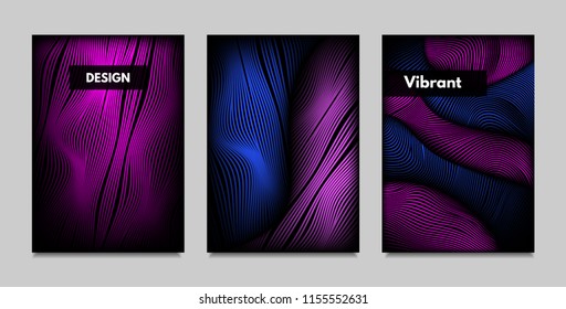 Fluid Metallic Shapes Abstraction. Covers with Trendy Vibrant Gradient and Movement Effect. Abstract Wavy Geometry. Vector Templates with Distortion of Lines. Fluid Shapes for Business Presentation.