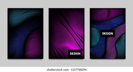 Fluid Metallic Shapes Abstraction. Covers with Trendy Vibrant Gradient and Movement Effect. Abstract Wavy Geometry. Vector Templates with Distortion of Lines. Fluid Shapes for Business Presentation.