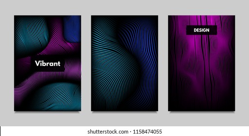 Fluid Metallic Shapes Abstraction. Covers with Trendy Vibrant Gradient and Movement Effect. Abstract Wavy Geometry. Vector Templates with Distortion of Lines. Fluid Shapes for Business Presentation.