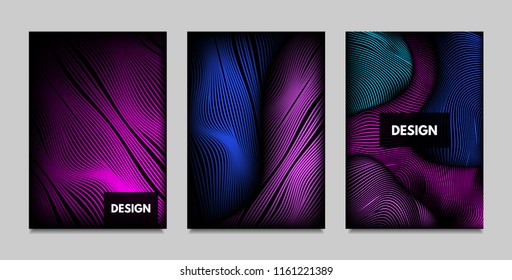 Fluid Metallic Shapes Abstraction. Covers with Trendy Vibrant Gradient and Movement Effect. Abstract Wavy Geometry. Vector Templates with Distortion of Lines. Fluid Shapes for Business Presentation.
