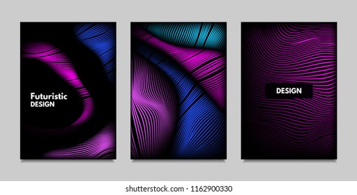 Fluid Metallic Shapes Abstraction. Covers with Trendy Vibrant Gradient and Movement Effect. Abstract Wavy Geometry. Vector Templates with Distortion of Lines. Fluid Shapes for Business Presentation.