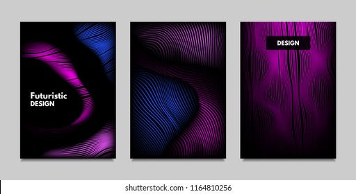 Fluid Metallic Shapes Abstraction. Covers with Trendy Vibrant Gradient and Movement Effect. Abstract Wavy Geometry. Vector Templates with Distortion of Lines. Fluid Shapes for Business Presentation.