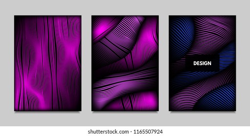 Fluid Metallic Shapes Abstraction. Covers with Trendy Vibrant Gradient and Movement Effect. Abstract Wavy Geometry. Vector Templates with Distortion of Lines. Fluid Shapes for Business Presentation.
