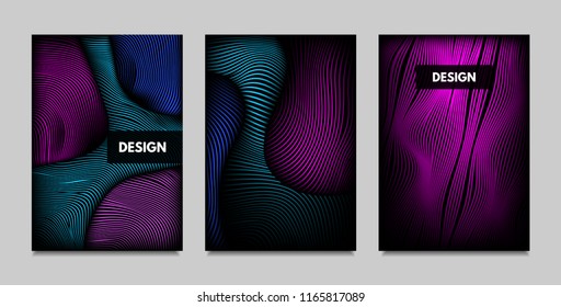 Fluid Metallic Shapes Abstraction. Covers with Trendy Vibrant Gradient and Movement Effect. Abstract Wavy Geometry. Vector Templates with Distortion of Lines. Fluid Shapes for Business Presentation.