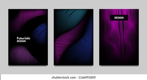 Fluid Metallic Shapes Abstraction. Covers with Trendy Vibrant Gradient and Movement Effect. Abstract Wavy Geometry. Vector Templates with Distortion of Lines. Fluid Shapes for Business Presentation.