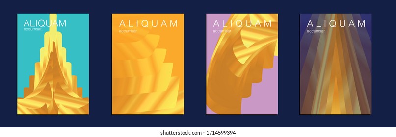 Fluid Minimal Cover. 1990 Paper Gradient Backdrop. Luxury Abstract Brochure. Liquid Texture for Foil Label. Vintage Cosmic Design. Metallic Gold Yellow Set of Vector Backgrounds for Business Flyers.