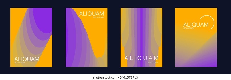 Fluid Minimal Cover. 1990 Paper Gradient Backdrop. Purple and Yellow Luxury Abstract Brochure. Liquid Texture for Foil Label. Set of Vector Backgrounds for Business Flyers. Vintage Design