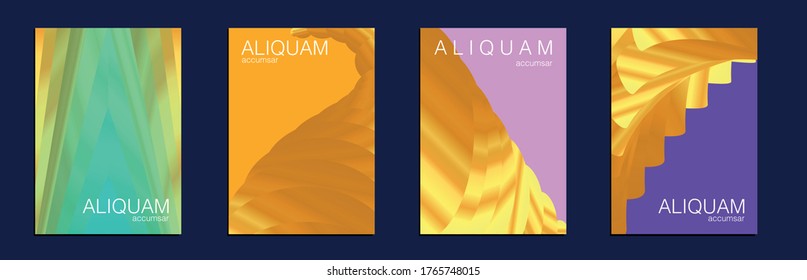 Fluid Minimal Cover. Liquid Texture for Foil Label. Vintage Cosmic Design. Set of Vector Backgrounds for Business Flyers. Metallic Gold Yellow 1990 Paper Gradient Backdrop. Luxury Abstract Brochure.