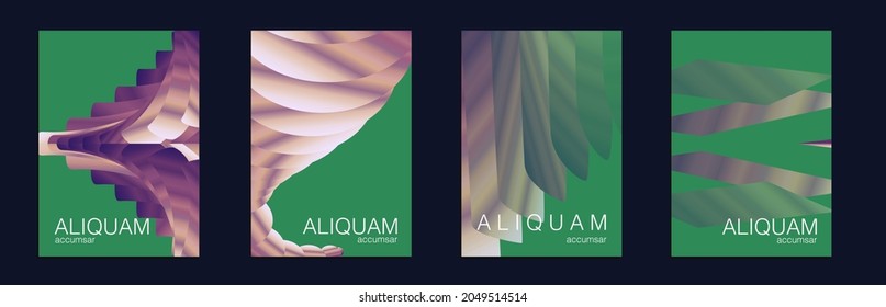 Fluid Minimal Cover. Luxury Abstract Brochure. Liquid Texture for Foil Label. Green and Teal Vintage Design Set of Vector Backgrounds for Business Flyers. 1990 Paper Gradient Backdrop.