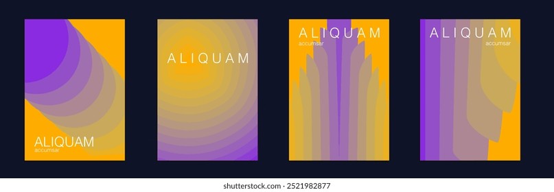 Cubierta Mínima De Líquido. Folleto Abstractas de lujo púrpura y amarillo. Textura líquida para la etiqueta de la hoja. Fondo de gradiente de papel de 1990. Antiguas Design Conjunto de fondos de Vector para volantes de negocios.