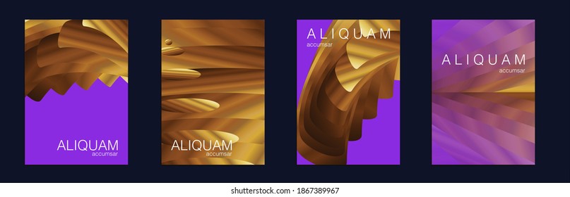 Cubierta mínima de líquido. Conjunto de fondos vectores para los volantes de negocios. Fondo de degradado de papel de 1990. Folleto Resumen De Lujo. Textura líquida metálica de Oro Amarillo para la etiqueta de aceite. Diseño Cosmico Vintage.