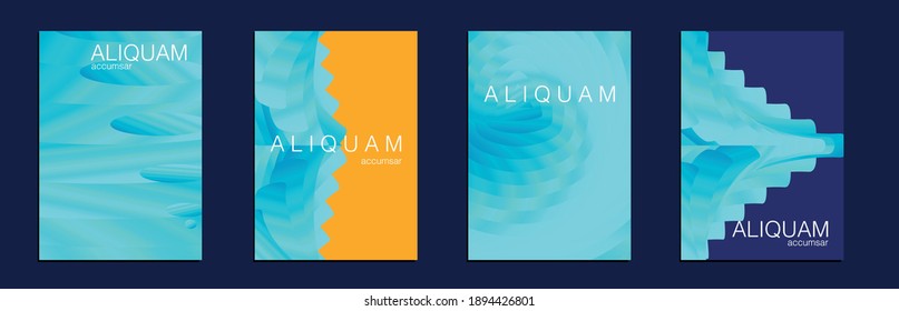 Fluid Minimal Cover. Set of Vector Backgrounds for Business Flyers. Metallic Gold Blue Liquid Texture for Foil Label. Vintage Cosmic Design. 1990 Paper Gradient Backdrop. Luxury Abstract Brochure.