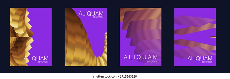 Fluid Minimal Cover. Set of Vector Backgrounds for Business Flyers. Vintage Design Violet Purple Luxury Abstract Brochure. Liquid Texture for Foil Label. 1990 Paper Gradient Backdrop.