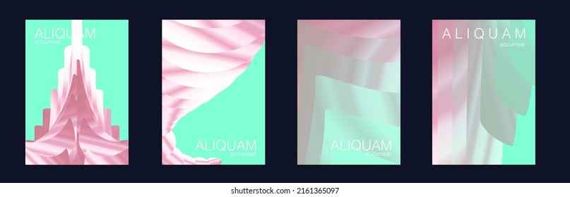 Fluid Minimal Cover. Set of Vector Backgrounds for Business Flyers. Luxury Abstract Brochure. Liquid Texture for Foil Label. 1990 Paper Gradient Backdrop. Green and Teal Vintage Design