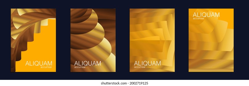 Fluid Minimal Cover. Vintage Design 1990 Paper Gradient Backdrop. Luxury Abstract Brochure. Liquid Texture for Foil Label. Fortuna Gold and Yellow Set of Vector Backgrounds for Business Flyers.