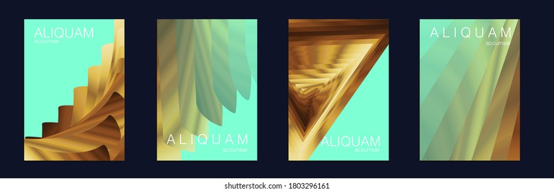 Fluid Minimal Designs. Abstract Metal Vector Template. Vintage Paper Gradient Texture. Light Stylish Luxury Flyer. Golden Liquid Texture. Business Cosmic Background. Green, Aqua Menthe and Gold