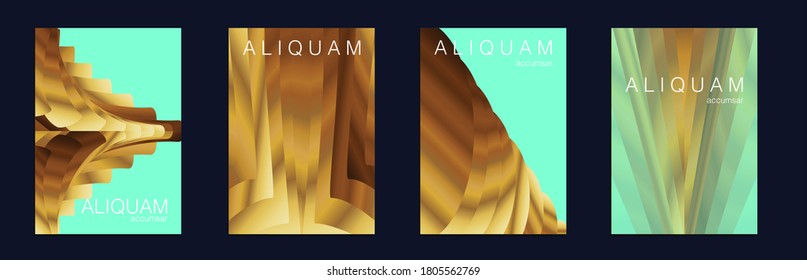 Fluid Minimal Designs. Abstract Metal Vector Template. Green, Aqua Menthe and Gold Vintage Paper Gradient Texture. Light Stylish Luxury Flyer. Golden Liquid Texture. Business Cosmic Background.