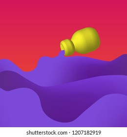 The the fluid mixture swirling out of the bottle, colorful illustration with violet waves on red and pink background