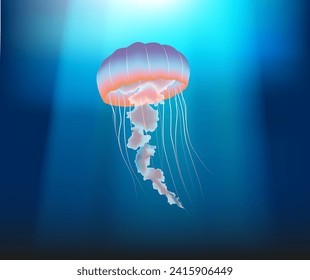Fluid model of Medusa floats in the ocean blue with light rays