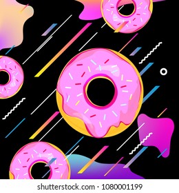 Fluid multicolored background with donuts vector illustration. Fluid color cover design with geometric shapes and donuts. Colorful food pattern texture. Template background