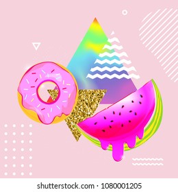 Fluid multicolored background with watermelon and donut vector illustration. Fluid color cover design with geometric shapes. Colorful food pattern texture. Template background