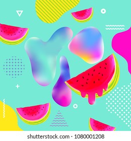 Fluid multicolored background with watermelon vector illustration. Fluid color cover design with geometric shapes and watermelons. Colorful food pattern texture. Template background