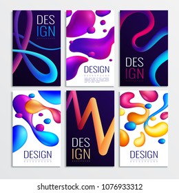 Fluid neon holographic abstract design elements cards collection of six vertical compositions with gradient curve shapes vector illustration