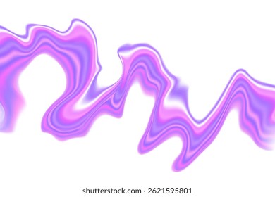 Fluid neon violet, pink striped flowing wave form, iridescent holographic liquid water splash isolated design element, transparent background. Dream glow abstract geometric shape.