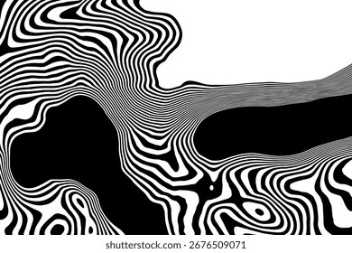 Ilusão óptica fluida. Padrão monocromático abstrato de curvas e ondas sinuosas. Eps 10