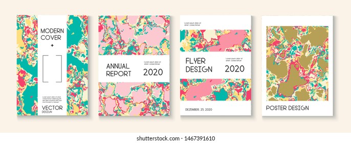 Fluid Paint, Clay Texture Vector Cover Layout. Funky Earth Day Ecology Poster. Futuristic Folder, Scientific Journal Template. Green, Yellow, Pink, Orange Design. Fluid Paint Clay Texture Cover