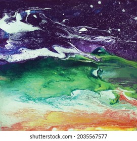 Fluid paint landscape concept with bright colors and mountains