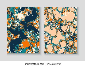 Fluid Paint Marble Vector Background Set. Granite, Pebble Frame. Terrazzo Wall Textured Organic Cover. Liquid Oil, Watercolor Paint, Marble Texture. Annual Report Minimal Cover Page, Fluid Design