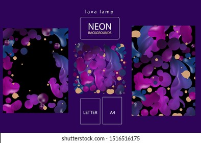 Fluid paint neon lava lamp effect background. Sci-fi 80s style A4 and Letter size cover, poster or music party invite templates. Realistic 3D trendy designs