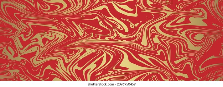Fluid painting seamless pattern design. Golden fluid lines on red background marble geode. Dye flow style. Vector illustration.Creative background with blots. Horizontal banner.