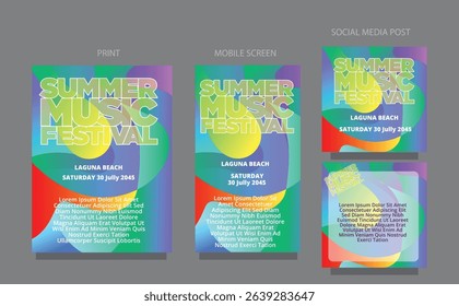 Fluid Party Wave. Bright Summer Background for summer music festival publications. fluid design template multiple platform for print, mobile screen and social media post vector illustration