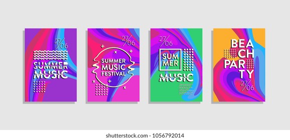 Fluid poster abstract. Trendy summer music festival and beach party. Colorful set.