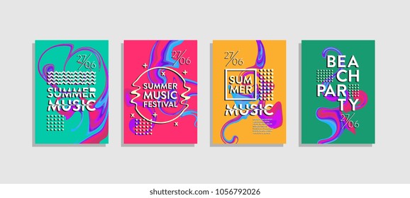 Fluid poster abstract. Trendy summer music festival and beach party. Colorful set.