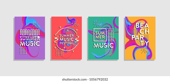 Fluid poster abstract. Trendy summer music festival and beach party. Colorful set.