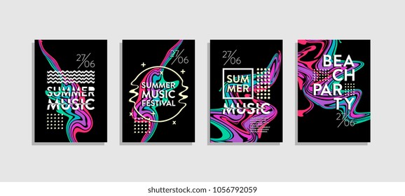 Fluid poster abstract. Trendy summer music festival and beach party. Colorful set.